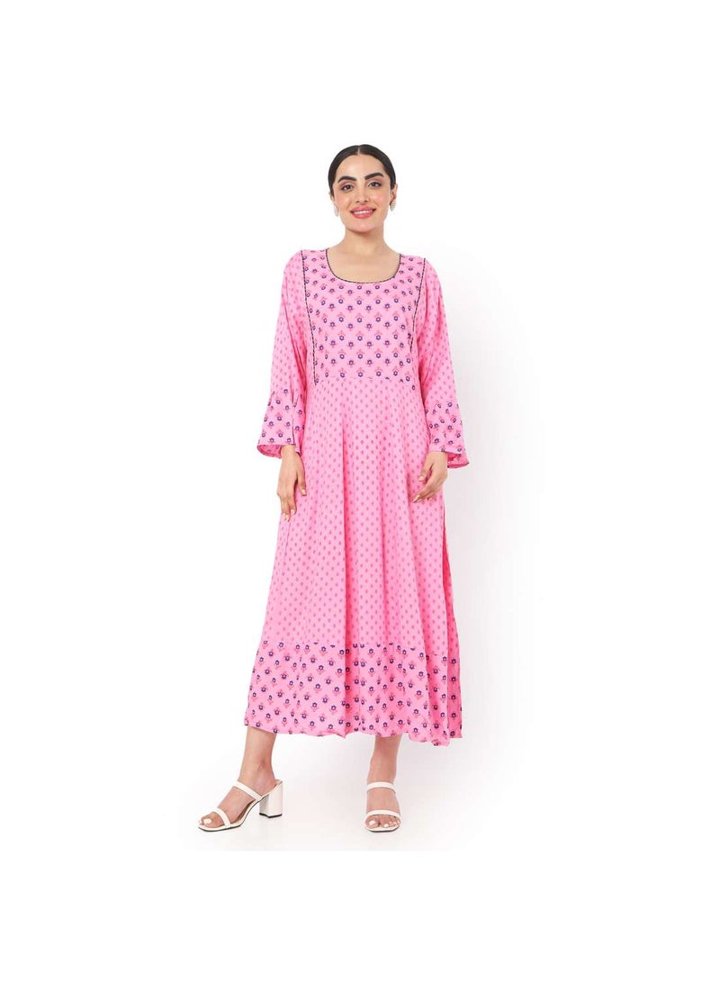 VISCOSE LONG FRILL SLEEVES DOT PRINTED ELEGANT ARABIC JALABIYA KAFTAN DRESS