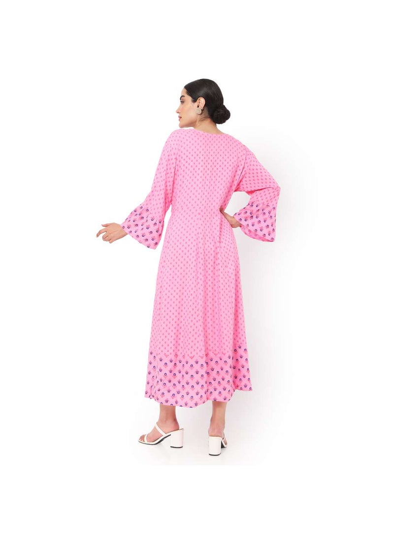 VISCOSE LONG FRILL SLEEVES DOT PRINTED ELEGANT ARABIC JALABIYA KAFTAN DRESS