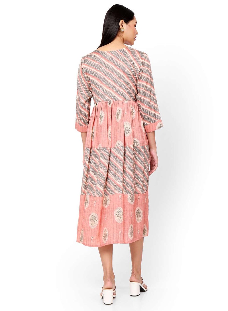 FLORAL AND STRIP PRINTED FRONT STYLED BUTTONED ARABIC KAFTAN JALABIYA DRESS