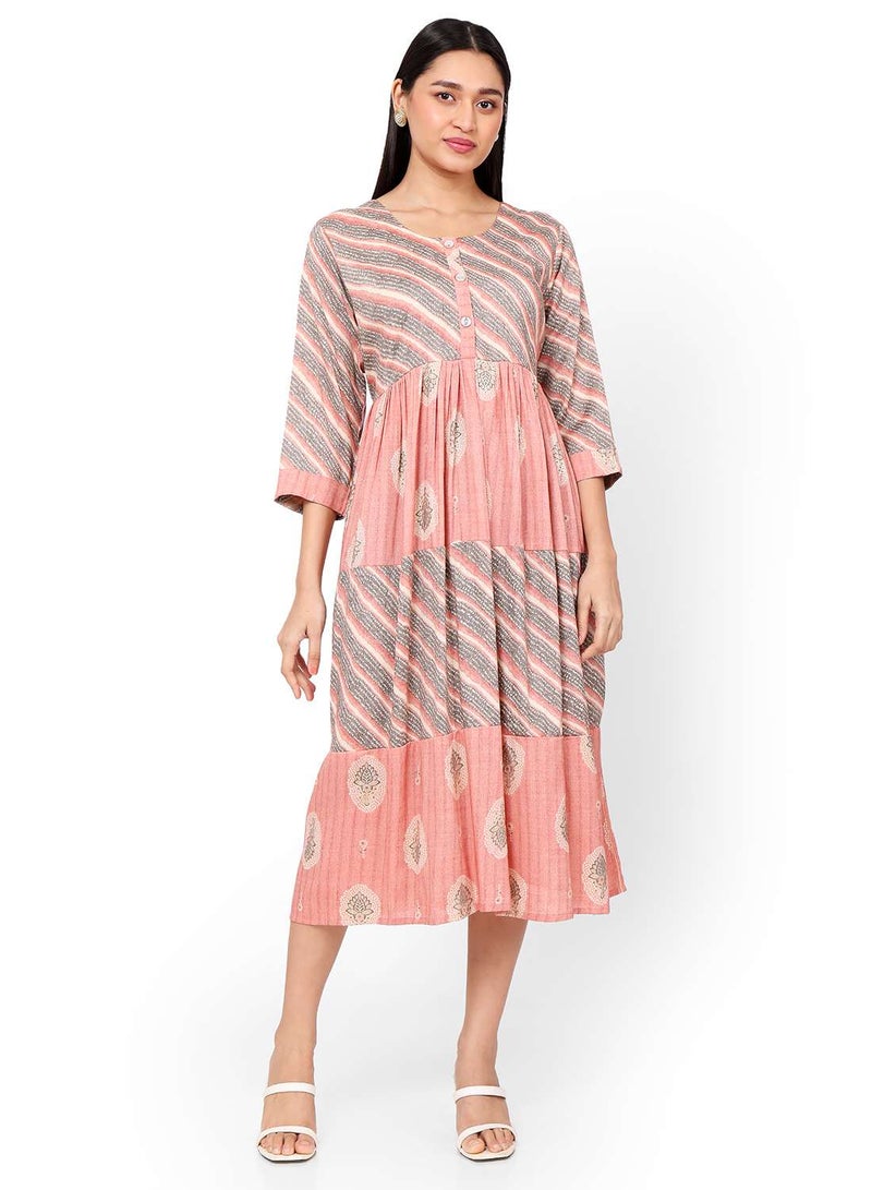 FLORAL AND STRIP PRINTED FRONT STYLED BUTTONED ARABIC KAFTAN JALABIYA DRESS