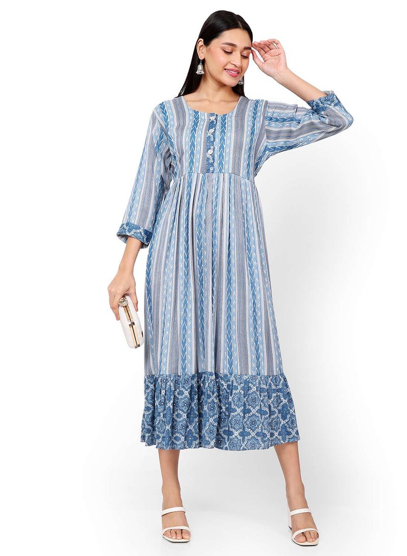 STRIP PRINTED BLUE COLOUR SHORT FRONT STYLED BUTTONED  ARABIC KAFTAN JALABIYA DRESS