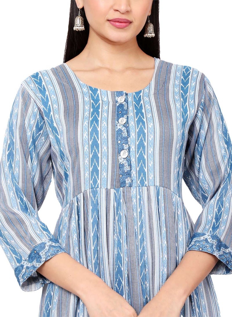 STRIP PRINTED BLUE COLOUR SHORT FRONT STYLED BUTTONED  ARABIC KAFTAN JALABIYA DRESS