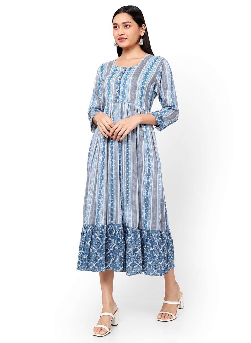 STRIP PRINTED BLUE COLOUR SHORT FRONT STYLED BUTTONED  ARABIC KAFTAN JALABIYA DRESS