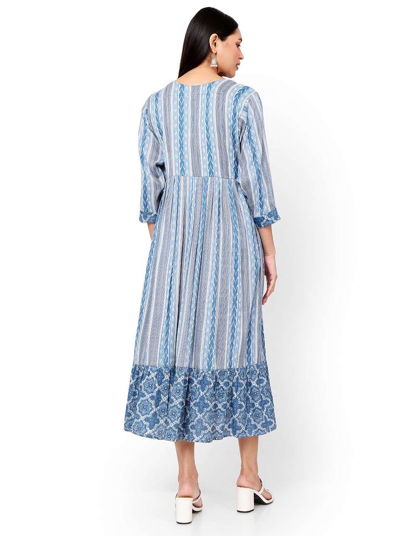 STRIP PRINTED BLUE COLOUR SHORT FRONT STYLED BUTTONED  ARABIC KAFTAN JALABIYA DRESS