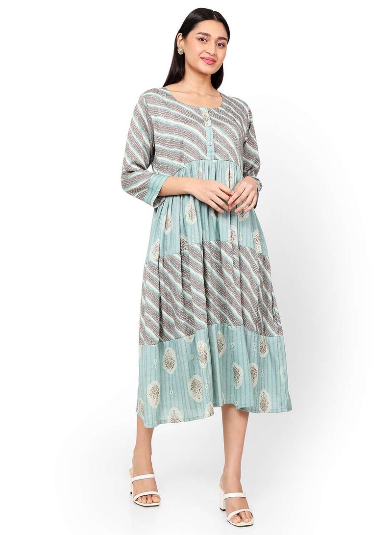 FLORAL AND STRIP PRINTED FRONT STYLED BUTTONED ARABIC KAFTAN JALABIYA DRESS