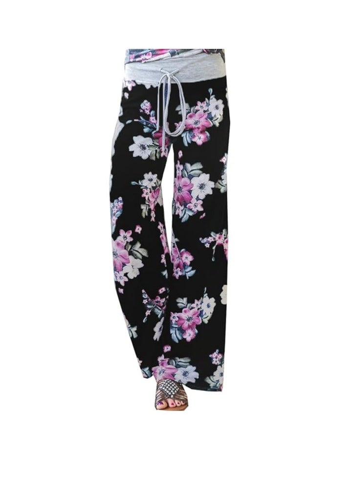 iChunhua Women's Comfy Stretch Floral Print Drawstring Palazzo Wide Leg Lounge Pant