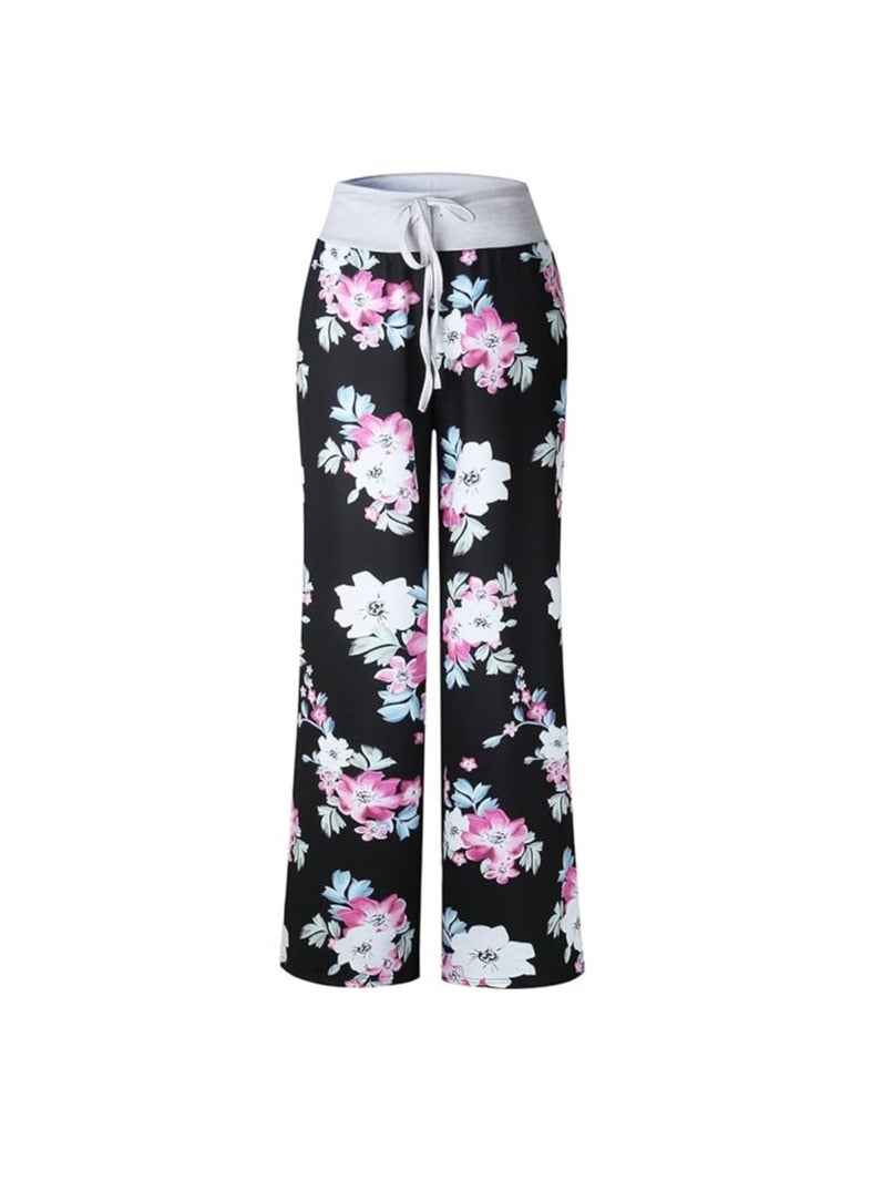 iChunhua Women's Comfy Stretch Floral Print Drawstring Palazzo Wide Leg Lounge Pant