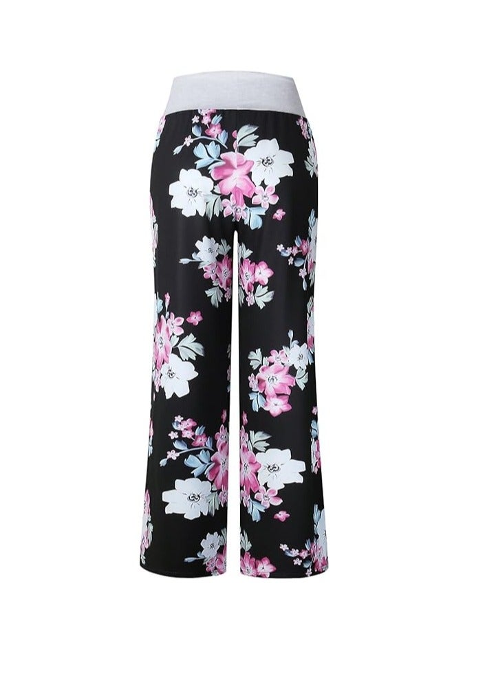 iChunhua Women's Comfy Stretch Floral Print Drawstring Palazzo Wide Leg Lounge Pant