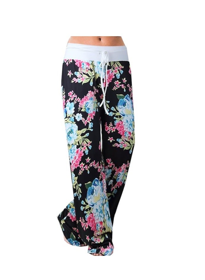 iChunhua Women's Comfy Stretch Floral Print Drawstring Palazzo Wide Leg Lounge Pant