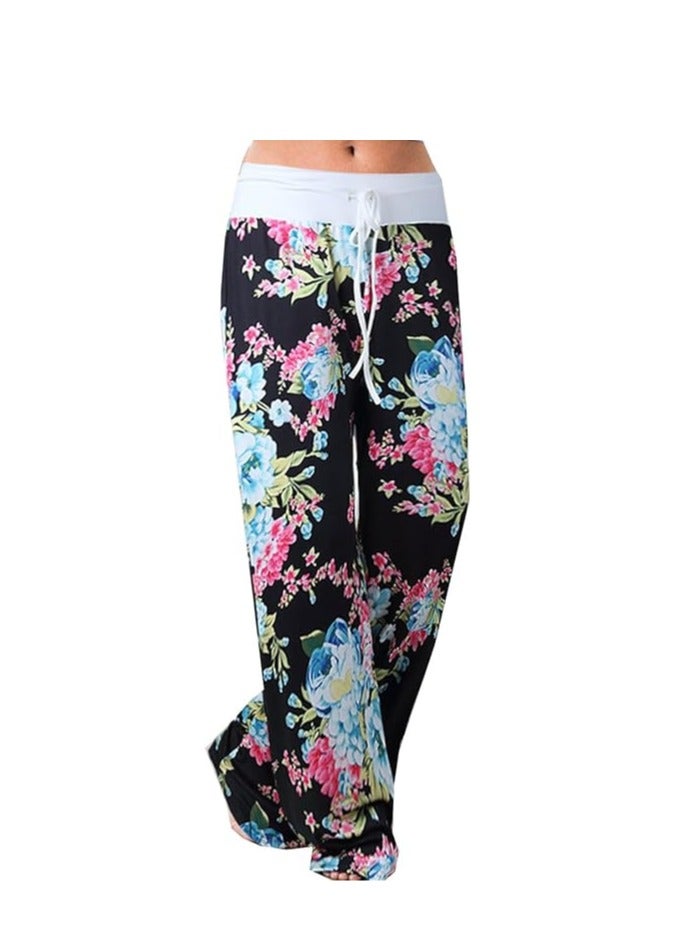 iChunhua Women's Comfy Stretch Floral Print Drawstring Palazzo Wide Leg Lounge Pant