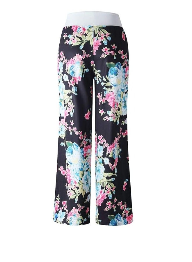 iChunhua Women's Comfy Stretch Floral Print Drawstring Palazzo Wide Leg Lounge Pant