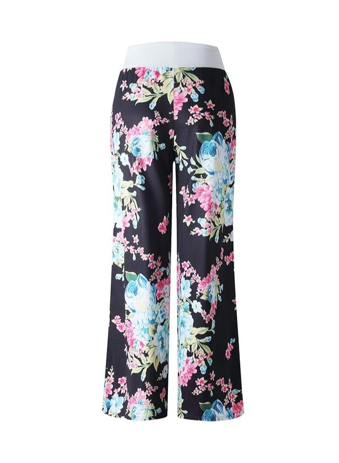 iChunhua Women's Comfy Stretch Floral Print Drawstring Palazzo Wide Leg Lounge Pant