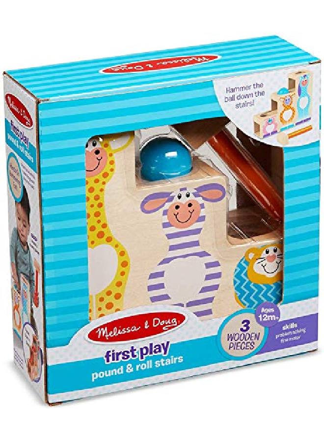 First Play Pound & Roll Stairs Wooden 3 Piece Baby Kids Hammer & Ball Toy