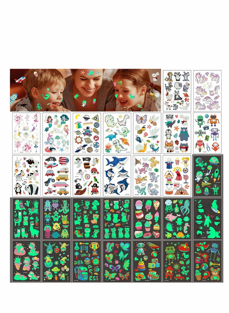 Luminous Tattoos, Fake Tattoo Stickers with Butterfly Dinosaur Space Theme, Temporary Tattoos for Kids Boys Girls Birthday Party Gift Bag Fillers, 300+Mixed Style, 30 Sheets