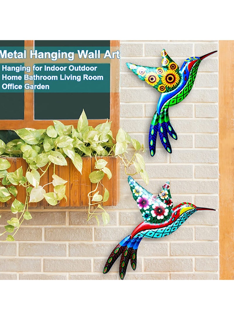 SYOSI Metal Hummingbird Wall Decoration, Wrought Iron Hummingbird Sculptures Colorful Hummingbird Hanging Decoration for Indoor Outdoor Yard Lawn Garden Tree Fence (2Pcs)