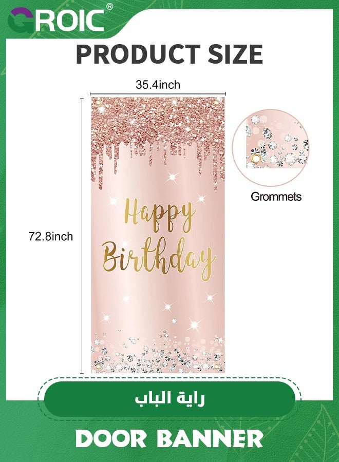 Pink Rose Gold Happy Birthday Door Banner Decorations, Happy Birthday Door Cover Backdrop Party Supplies for Women, Large Birthday Poster Sign Decor,Party Supplies