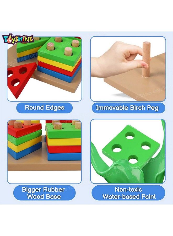 Wooden Shapes Square Column Blocks Sorting & Stacking Toys For Kids Toddlers For 1 2 3 Year Oldmulti Color