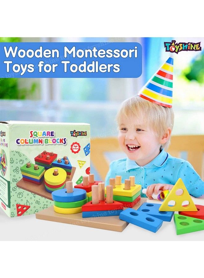 Wooden Shapes Square Column Blocks Sorting & Stacking Toys For Kids Toddlers For 1 2 3 Year Oldmulti Color