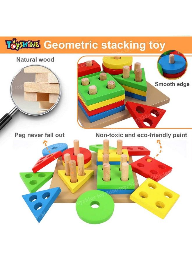 Wooden Shapes Square Column Blocks Sorting & Stacking Toys For Kids Toddlers For 1 2 3 Year Oldmulti Color