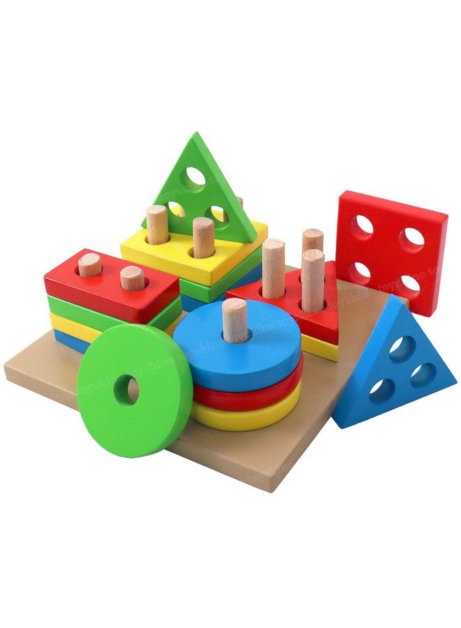 Wooden Shapes Square Column Blocks Sorting & Stacking Toys For Kids Toddlers For 1 2 3 Year Oldmulti Color