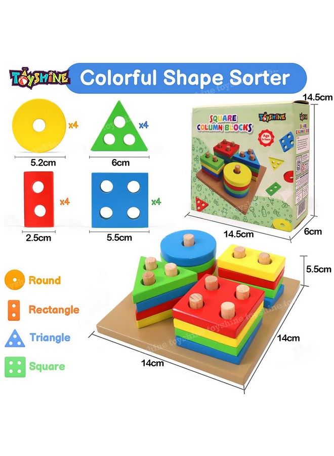 Wooden Shapes Square Column Blocks Sorting & Stacking Toys For Kids Toddlers For 1 2 3 Year Oldmulti Color