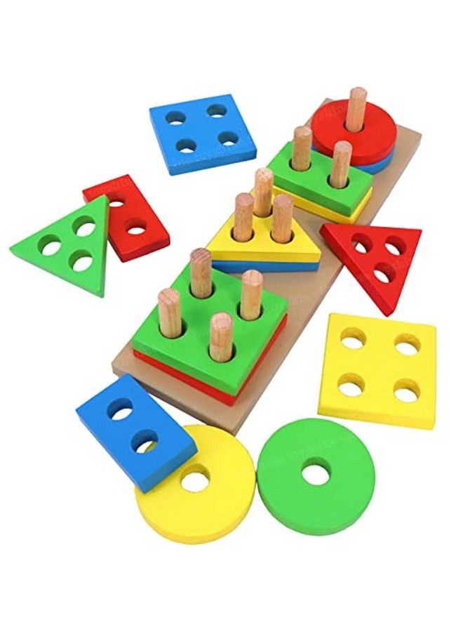 Wooden 4 Angle Geometric Blocks Building Stacker Shape Sorter Column Puzzle Stacking Toy Set Kids