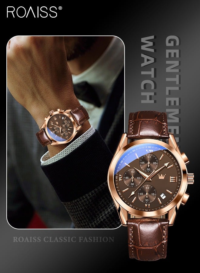 Men's Leather Strap Chronograph Quartz Watch Round Brown Dial with Rose Gold Bezel Waterproof Luminous Wristwatch as Gift for Men