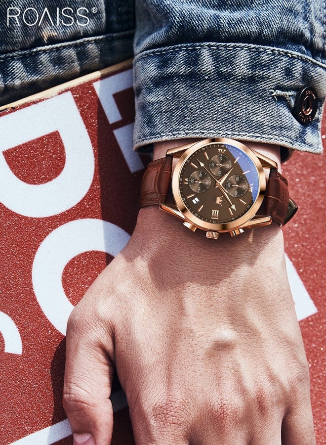 Men's Leather Strap Chronograph Quartz Watch Round Brown Dial with Rose Gold Bezel Waterproof Luminous Wristwatch as Gift for Men