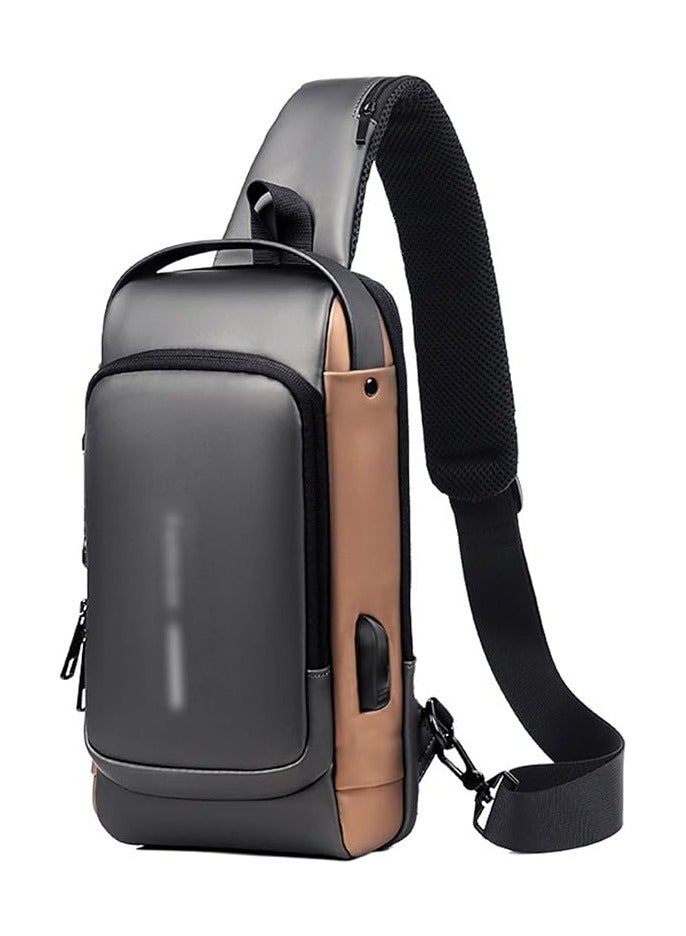 Cross-Body Sling Bags Multifunctional Shoulder Chest Bag Patent Leather Cross Strap Backpack for Men (Color: Grey Brown)