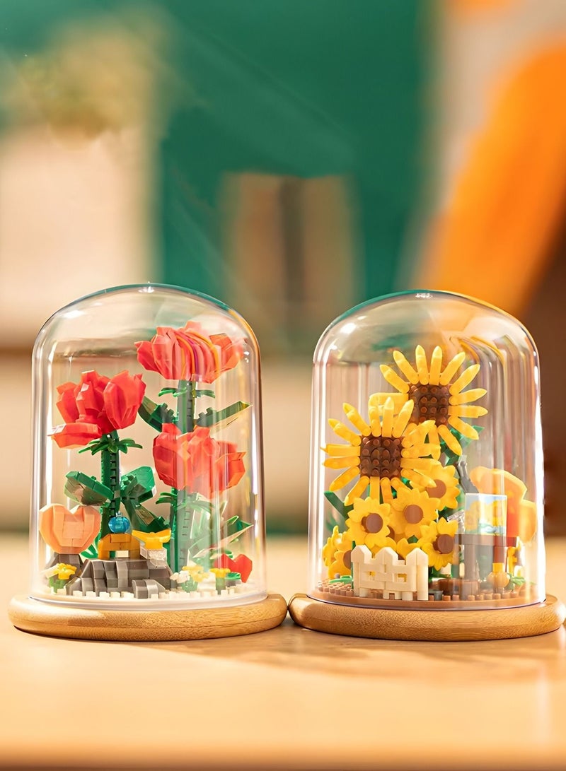 Flower Bouquets Building Sets,Sunflower Building Blocks with Dust Cover Home Decor, Gifts for Girlfriend Lover Wife Women,Flower DIY Toy