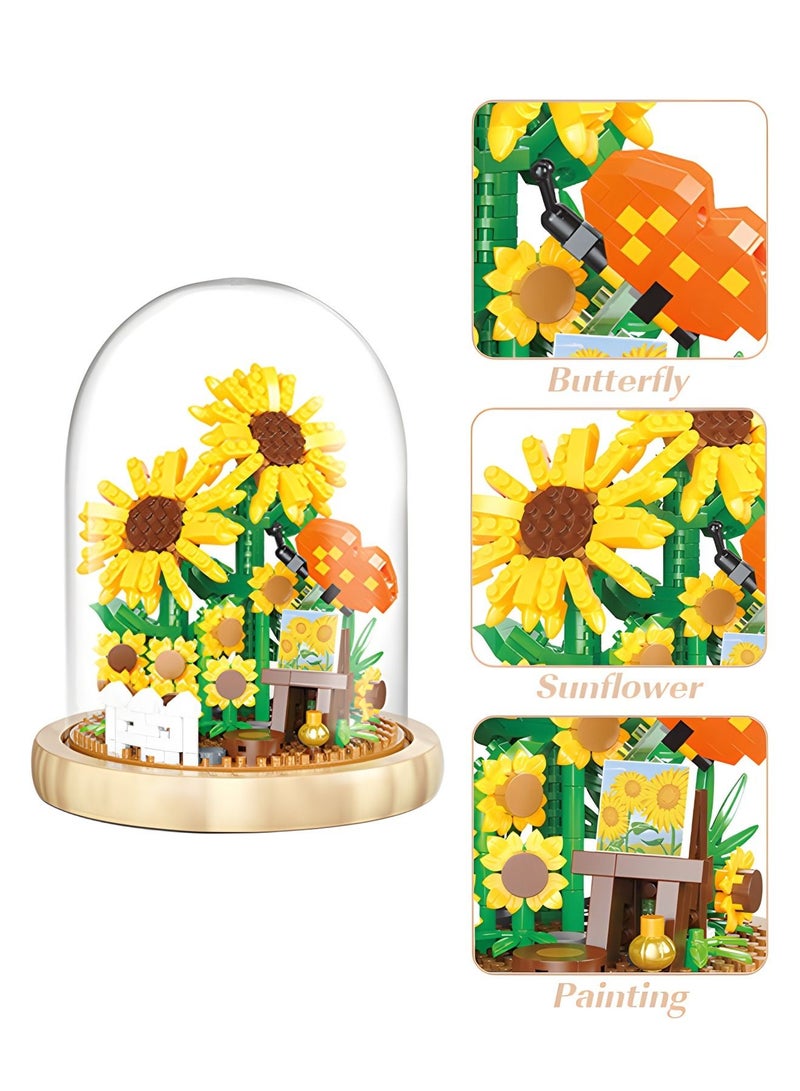 Flower Bouquets Building Sets,Sunflower Building Blocks with Dust Cover Home Decor, Gifts for Girlfriend Lover Wife Women,Flower DIY Toy