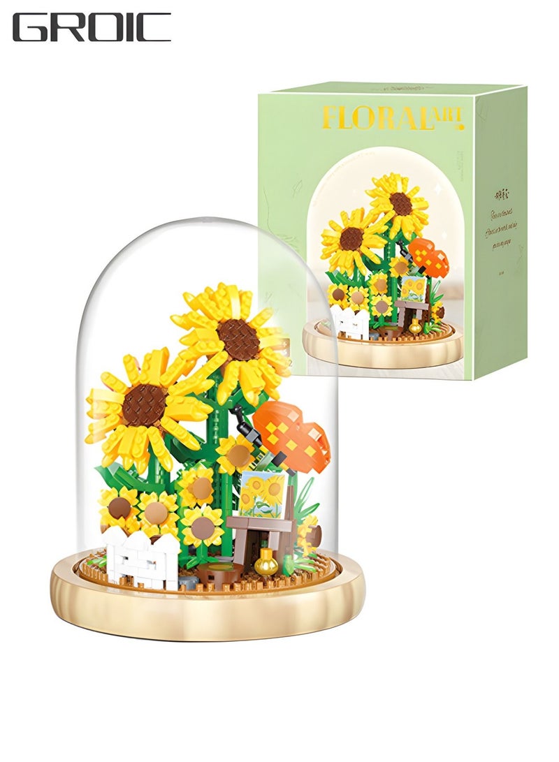 Flower Bouquets Building Sets,Sunflower Building Blocks with Dust Cover Home Decor, Gifts for Girlfriend Lover Wife Women,Flower DIY Toy