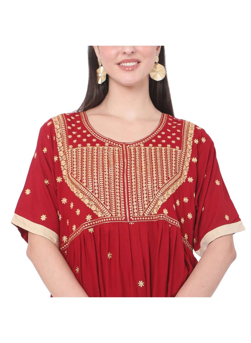 RED SHORT EMBROIDERED VISCOSE ARABIC JALABIYA KAFTAN DRESS