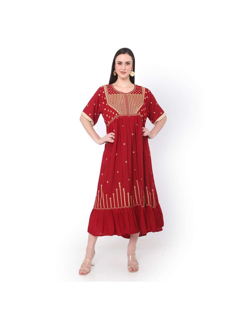 RED SHORT EMBROIDERED VISCOSE ARABIC JALABIYA KAFTAN DRESS