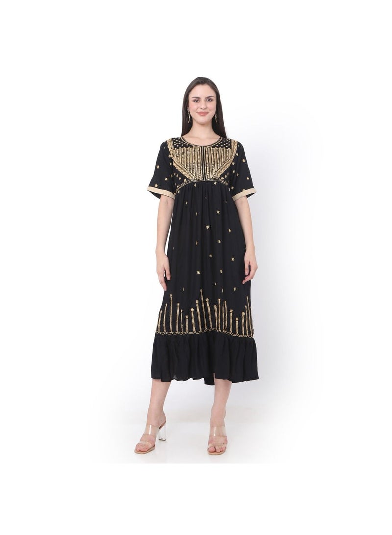 BLACK SHORT EMBROIDERED VISCOSE ARABIC JALABIYA KAFTAN DRESS