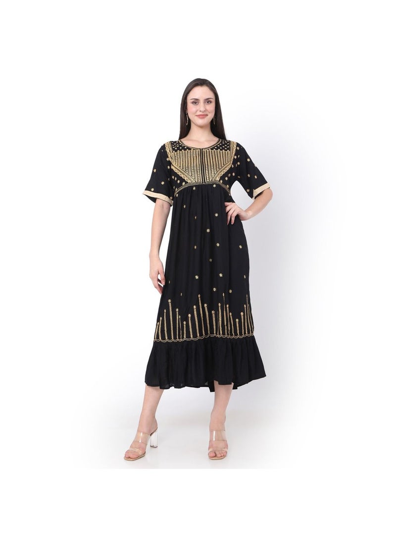 BLACK SHORT EMBROIDERED VISCOSE ARABIC JALABIYA KAFTAN DRESS