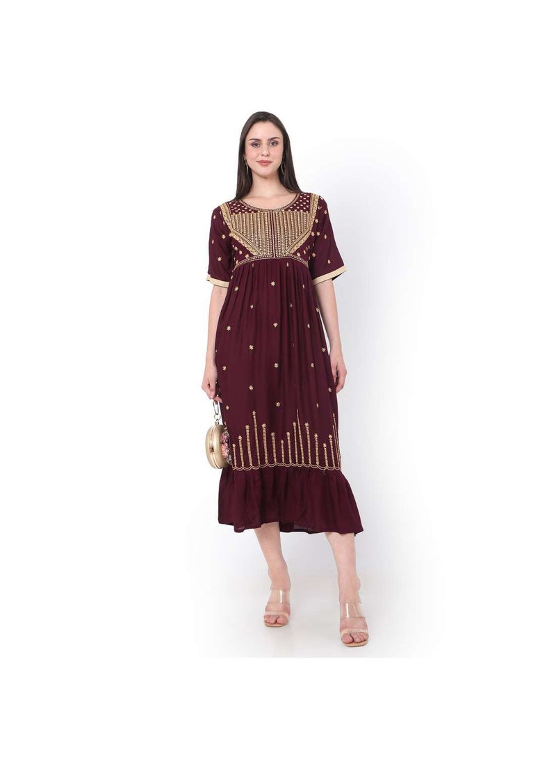 MAROON SHORT EMBROIDERED VISCOSE ARABIC JALABIYA KAFTAN DRESS