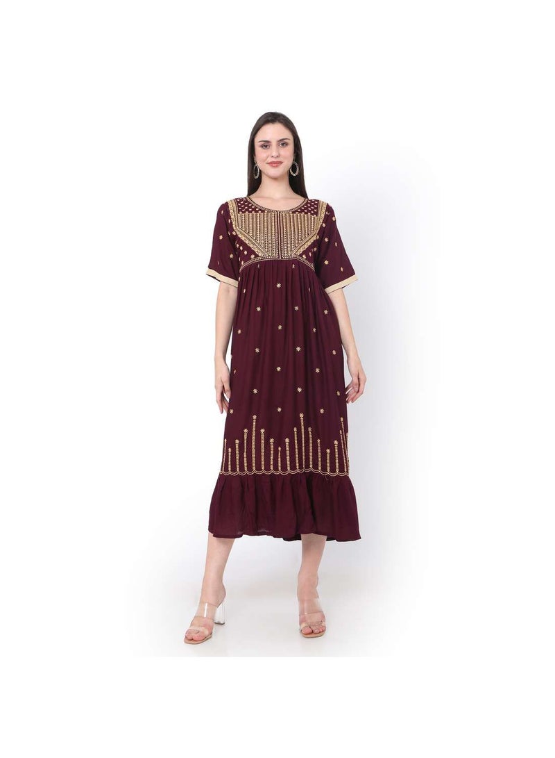 MAROON SHORT EMBROIDERED VISCOSE ARABIC JALABIYA KAFTAN DRESS