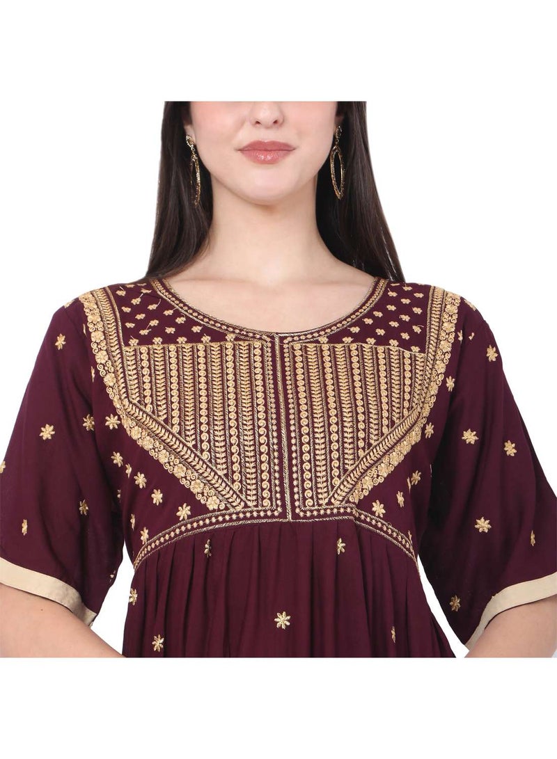 MAROON SHORT EMBROIDERED VISCOSE ARABIC JALABIYA KAFTAN DRESS