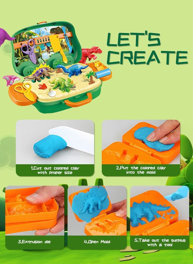 Colored Clay Toy, Play Dough Dinosaur Theme Modeling Clay Art Creativity Dinosaur Playset Play Dough Activity Kit with Dinosaur Molding Accessories, 8 Dough Colors and Travel Case