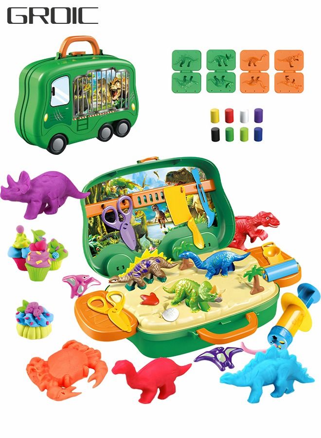 Colored Clay Toy, Play Dough Dinosaur Theme Modeling Clay Art Creativity Dinosaur Playset Play Dough Activity Kit with Dinosaur Molding Accessories, 8 Dough Colors and Travel Case