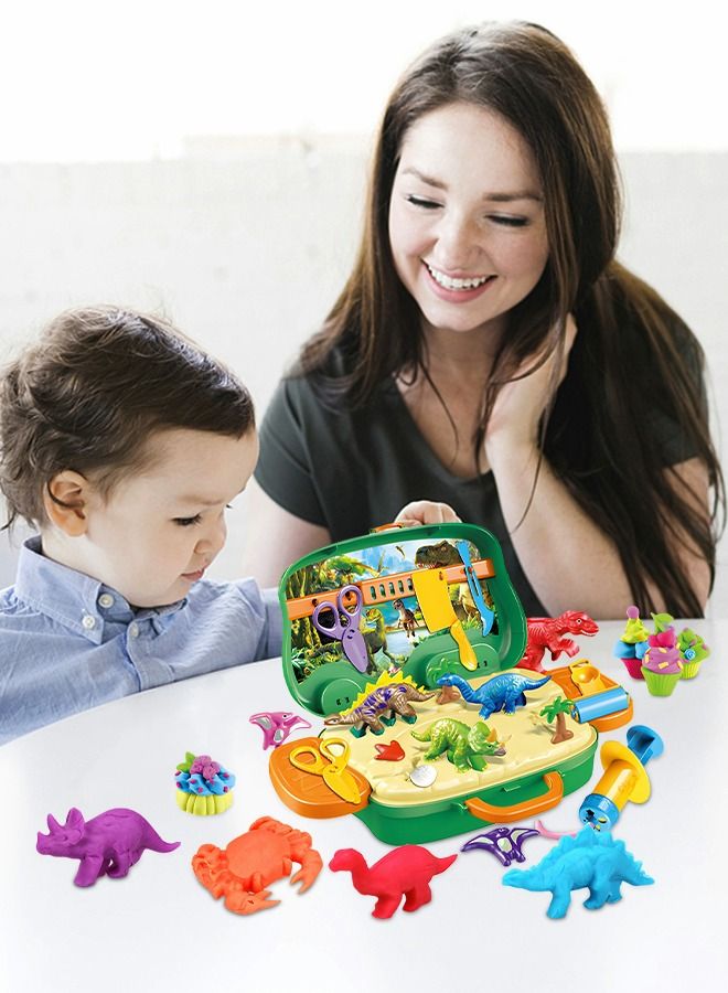 Colored Clay Toy, Play Dough Dinosaur Theme Modeling Clay Art Creativity Dinosaur Playset Play Dough Activity Kit with Dinosaur Molding Accessories, 8 Dough Colors and Travel Case