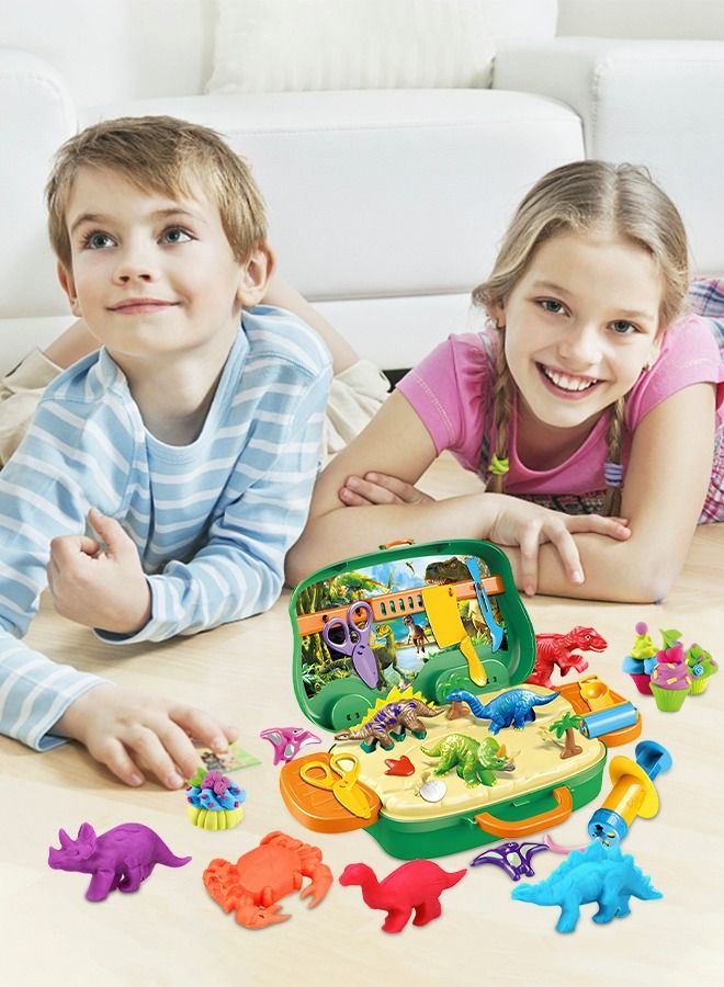 Colored Clay Toy, Play Dough Dinosaur Theme Modeling Clay Art Creativity Dinosaur Playset Play Dough Activity Kit with Dinosaur Molding Accessories, 8 Dough Colors and Travel Case