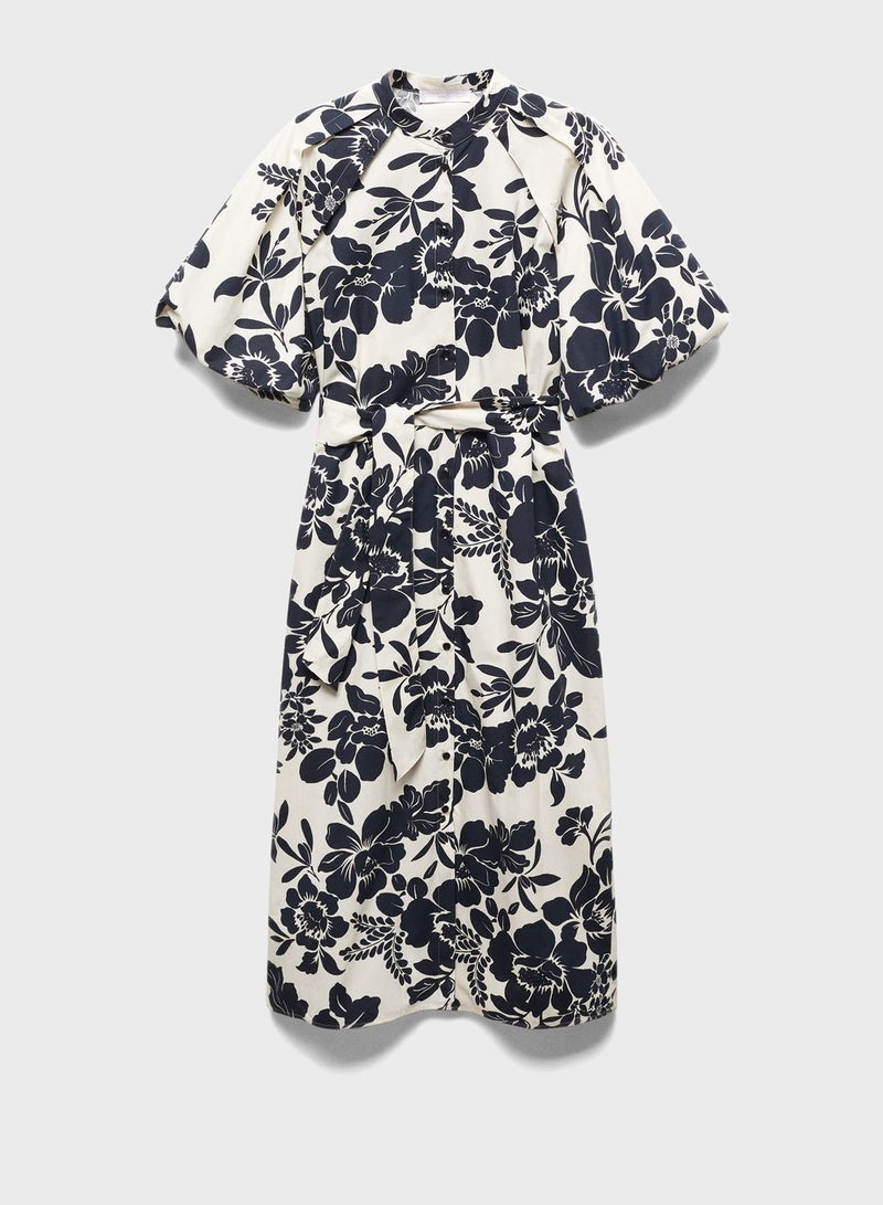 Floral Print Balloon Sleeve Tie Detailed Dress