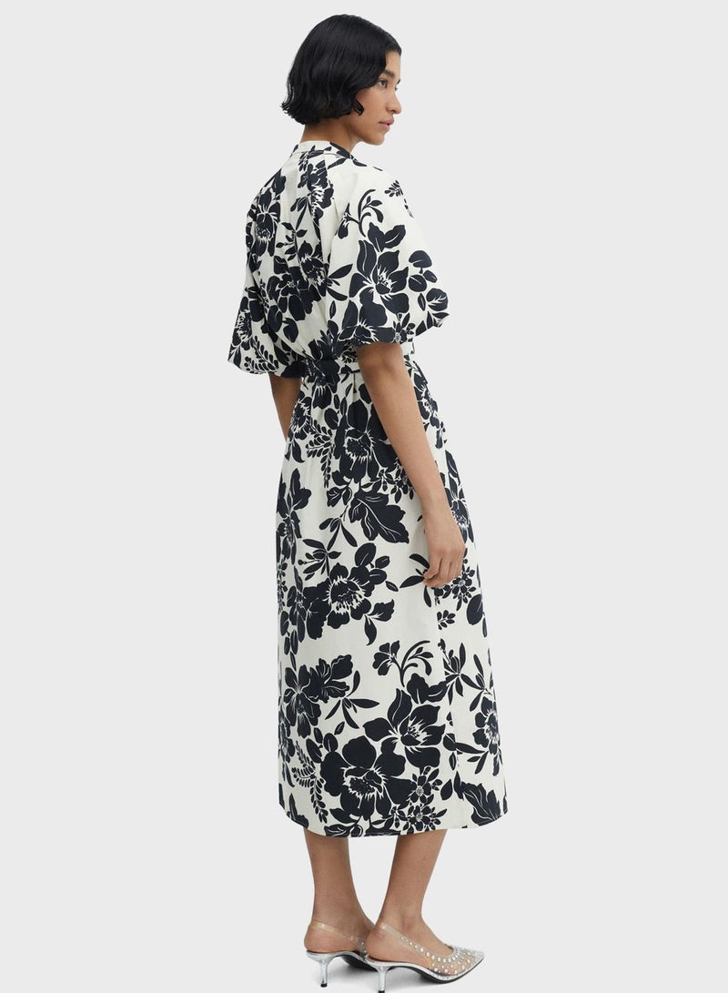 Floral Print Balloon Sleeve Tie Detailed Dress