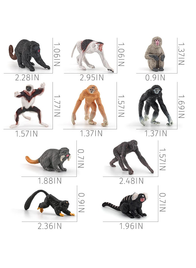 10 PCS Various Monkeys and Gorillas Figurines Playset, Proboscis Japanese Macaques Marmosets Gibbons Lemurs, Cake Toppers Birthday Gift for Kids Todllers