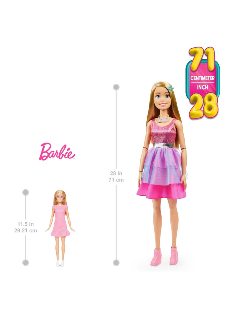 Large Barbie Doll with Blond Hair, 28 Inches Tall, Shimmery Pink Dress with Necklace and Hair Clip Accessories