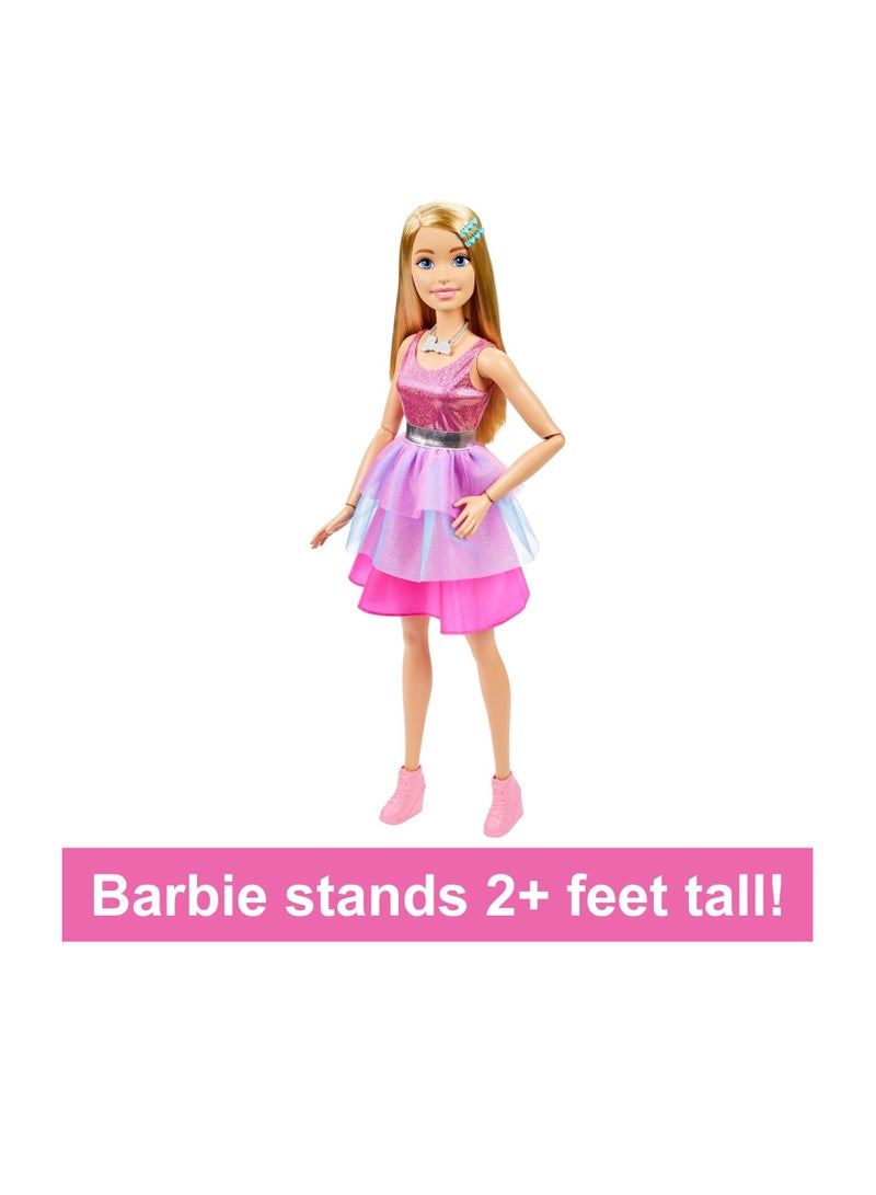 Large Barbie Doll with Blond Hair, 28 Inches Tall, Shimmery Pink Dress with Necklace and Hair Clip Accessories