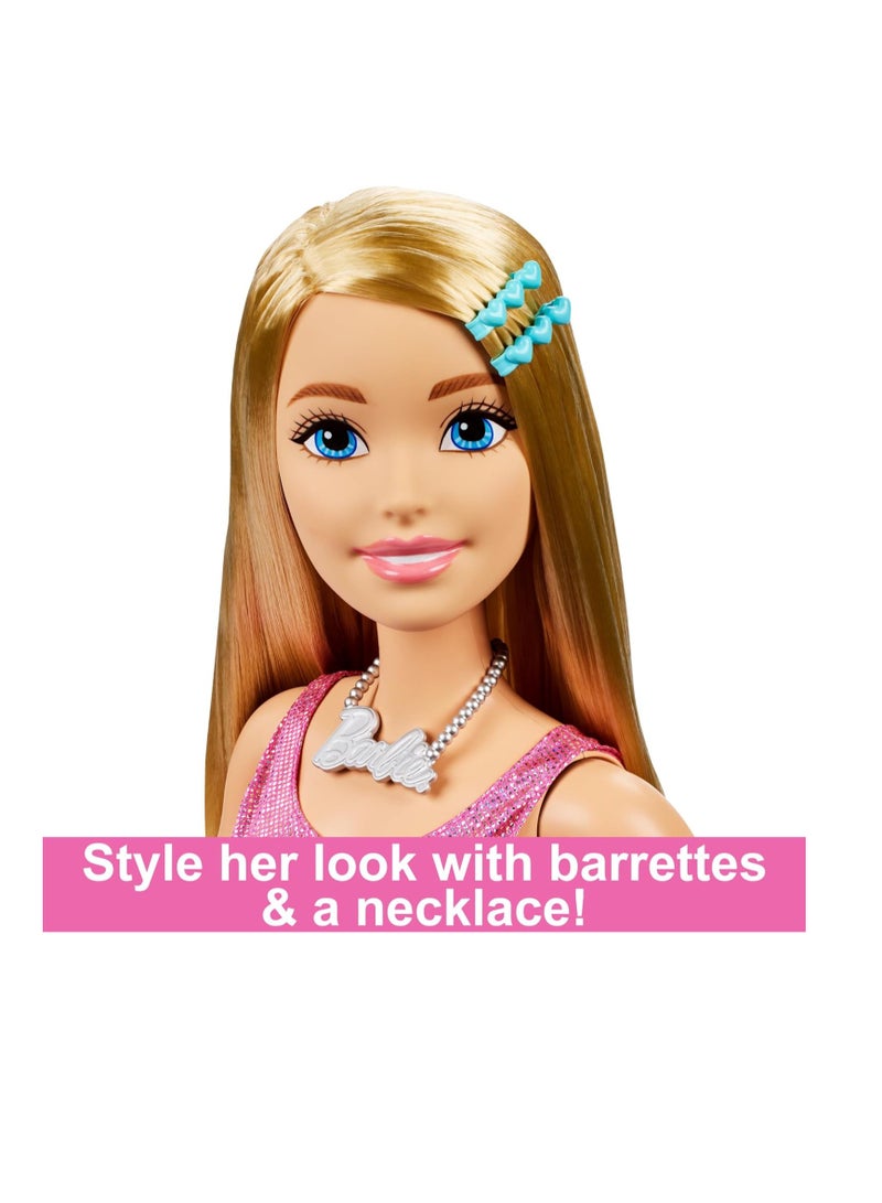 Large Barbie Doll with Blond Hair, 28 Inches Tall, Shimmery Pink Dress with Necklace and Hair Clip Accessories