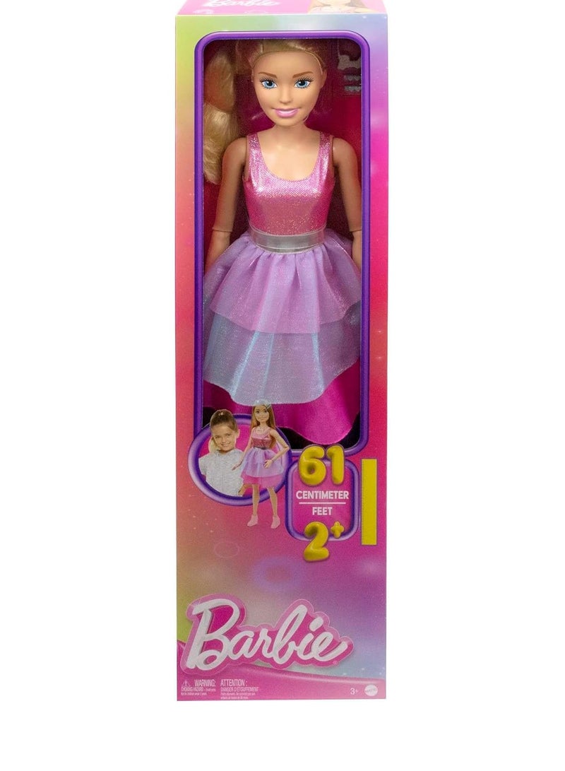 Large Barbie Doll with Blond Hair, 28 Inches Tall, Shimmery Pink Dress with Necklace and Hair Clip Accessories